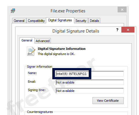 Screenshot of the Intel(R) INTELNPG1 certificate